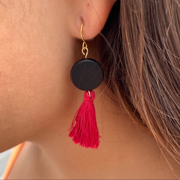 Jewelry - Red Tassel Earrings with a black circle charm